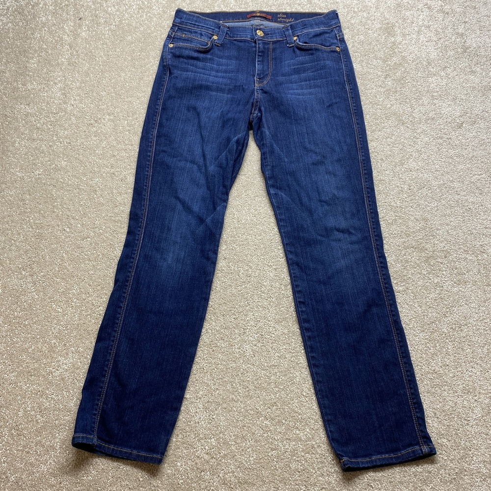 7 For All Mankind Slim Straight Jeans Womens 28 Blue Dark Wash Stretch Denim